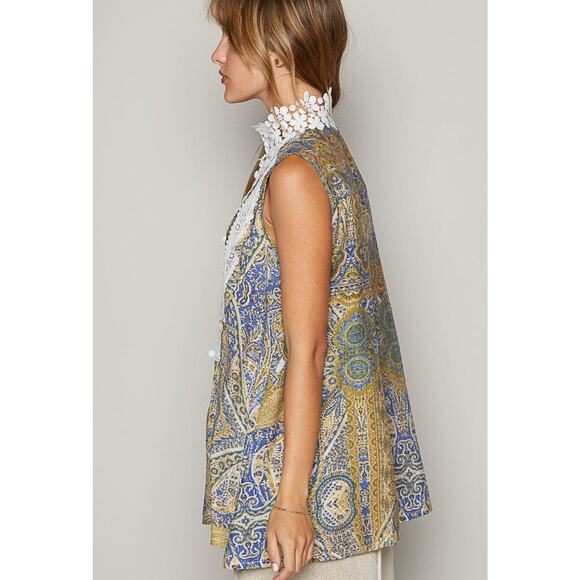 POL Lace Detail Frill Floral V-Neck Mock Neck Sleeveless Top Large Boho Flower - Picture 3 of 13